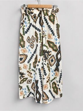 Angela Mara Small Viscose Linen Blend Wide Leg Cropped Pants Boho Tribal Print